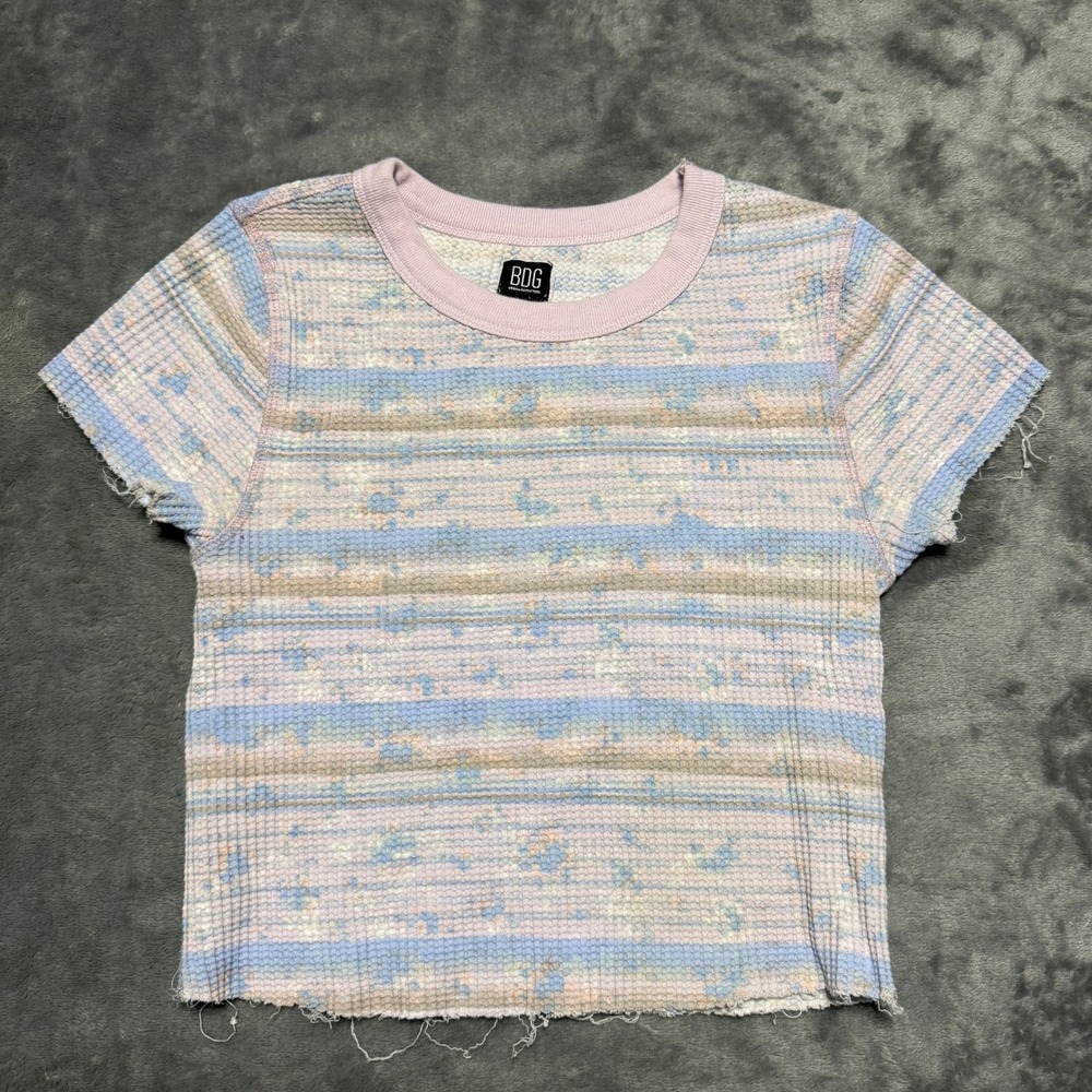 BDG Urban Outfitters SZ‎ Medium Pastel Striped Waffle Knit Crop Top Raw Hem